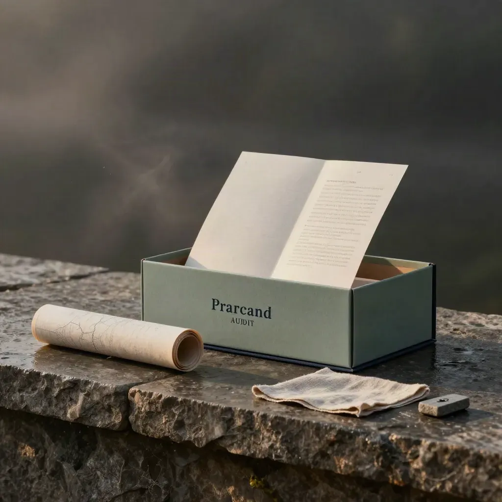 Monumental brand audit box set with folio, map tube, linen swatch and stone clip in moody studio light