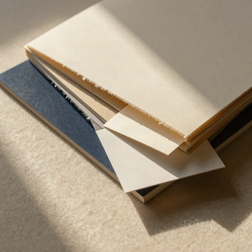 Paper strategy bundle on wool, with navy accent and soft raking light.