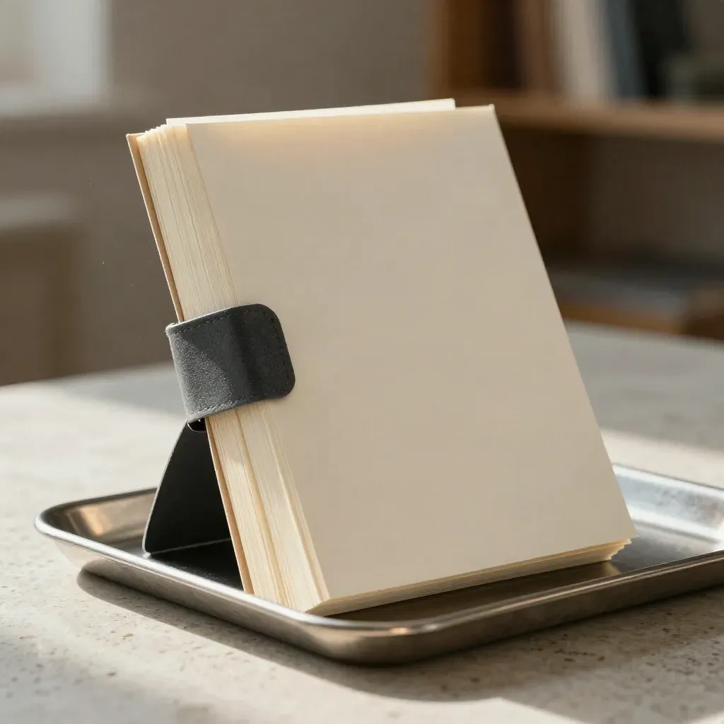 Stacked cream folios, blank index set and slate cloth band on travertine.