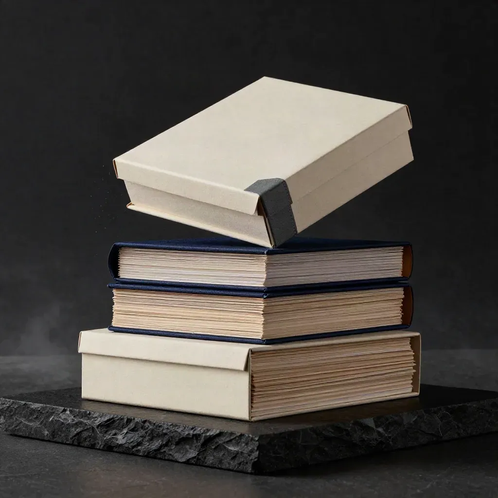 Unbranded strategy folders and boxes surge forward on a dark studio plinth with navy accents.
