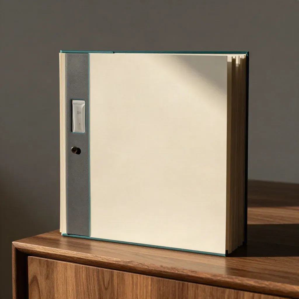 Upright market scan binder set on walnut plinth with translucent sleeves and teal accents.