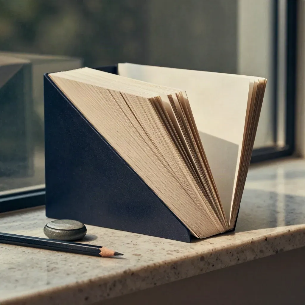 Tabbed strategy packet, stone paperweight, and pencil stub on a travertine shelf