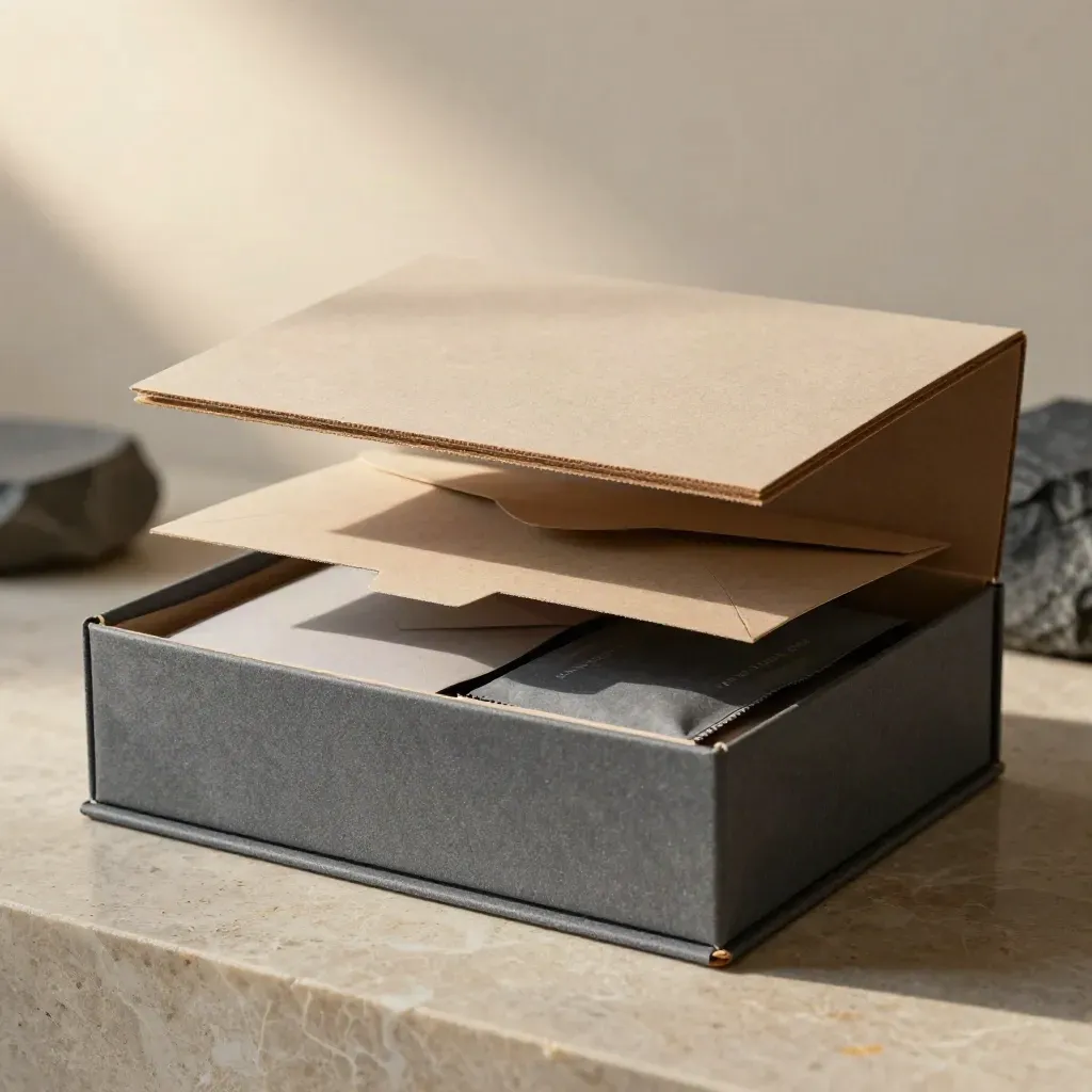 Hero launch plan kit box with floating lid, inserts and sealed packets on limestone.