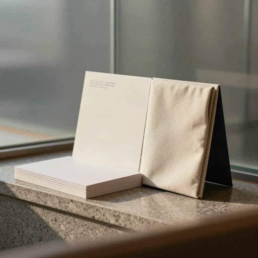 Quarterly checkup folio stack on travertine with soft navy accent and blurred advisory backdrop